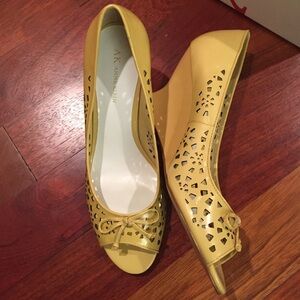Anne Klein peep toe perforated yellow wedge sandal